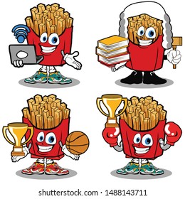 fireman diver scientist french fries with face cartoon set vector isolated