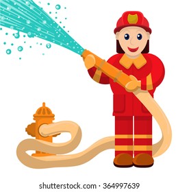 fireman dressed in a suit with a hose supplying water
