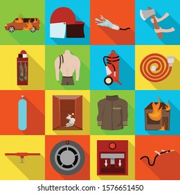 Fireman and equipment firefighters vector flat icon. Set illustration of car,hose,ax,extinguisher and other equipment fireman.