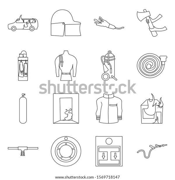 Fireman and equipment firefighters vector line\
icon. Set illustration of car,hose,ax,extinguisher and other\
equipment fireman.