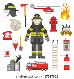 Fireman equipment flat retro style icons collection with red pump and fire extinguisher abstract isolated vector illustration