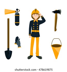 Fireman equipment flat retro style icons collection with shovel, hatchet, gloves, bucket and fire extinguisher abstract isolated vector illustration
