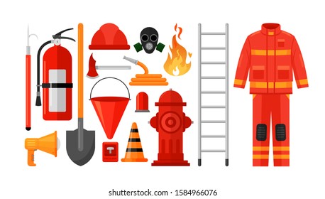 Fireman equipment flat vector illustrations set. Firefighter uniform, protective helmet and gas mask isolated on white background. Rescue service tools and instruments. Extinguisher, hydrant, hose.