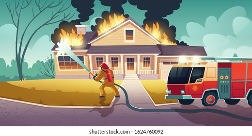 Fireman extinguish ignition in house. Firefighter put out flame on building roof with hose water. Vector cartoon illustration of burning home and red emergency rescue truck