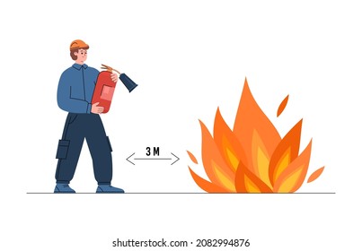 Fireman with extinguisher approaches the fire site at distance, flat vector illustration isolated on white background. Cartoon character in helmet fights active fire or inflammation.