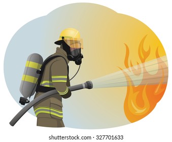 Fireman extinguishes the fire by spraying the water. He is clothed in a protective uniform.