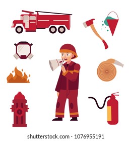 Fireman and extinguishing fire equipment set isolated on white background. Flat cartoon character of firefighter in red protection uniform and various working tools - rescue worker vector illustration