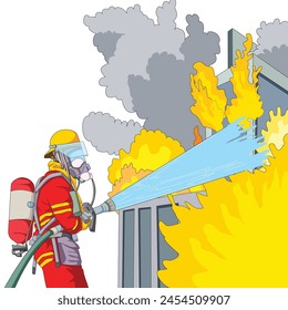 A fireman extinguishing fire using water pipe