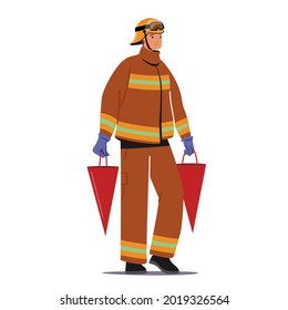 Fireman Extreme Profession, Job, Fire Fighter in Uniform and Helmet Carry Conical Buckets with Water in Hands for Watering Fire. Firefighter Ready to Fight with Blaze. Cartoon Vector Illustration