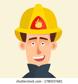 Fireman Face, Close Up. Portrait Of A Young Smiling Firefighter In Yellow Hard Hat. Vector Illustration, Flat Design, Cartoon Style, Isolated Background.