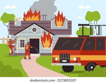 Fireman fight with fire brave firefighter. Burning house home street concept. Vector graphic design illustration element
