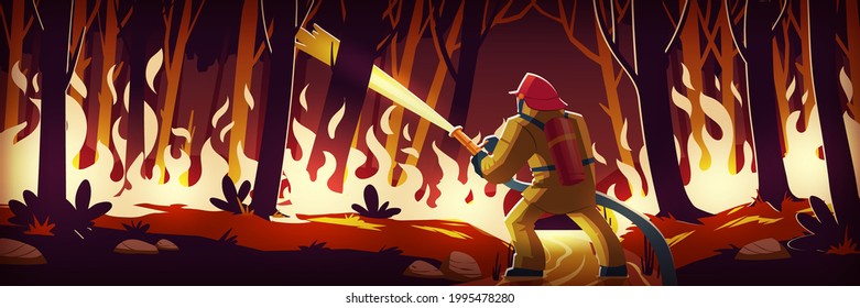 Fireman fight with fire in forest, man extinguish burning wildfire at night wood with raging flames. Wild nature catastrophe, disaster, blazing trees landscape. Ecological hazard Cartoon vector scene