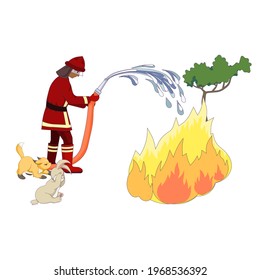  Fireman Fighting Forest Fire On White Isolated Background, Saving Nature And Wild Animals From Flame, Extinguishing With A Hose For Prints, Booklets, Icons For Social Media, Apps And Websites.