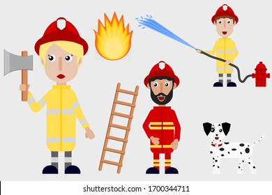 Fireman fire dalmatian essential workers vector set