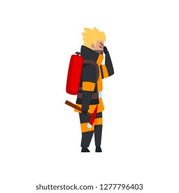 Fireman with fire extinguisher and ax, firefighter character in uniform at work vector Illustration on a white background