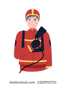 Bombero con el concepto de extinguidor de incendios. Hombre de uniforme con equipo de extinción de incendios. Afiche o pancarta. Seguridad y protección. Dibujo vectorial plano de dibujos animados aislado en fondo blanco