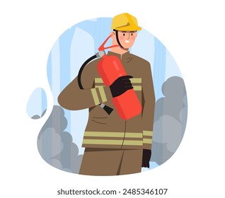 Bombero con extinción de incendios. Hombre de uniforme con extintor de incendios. Rescatista y trabajador de emergencia. Seguridad y prevención de accidentes. Ilustración vectorial plana aislada sobre fondo blanco