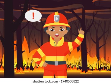 Niño bombero vestido con uniforme protector y advertencia sobre el desastre provocado por incendios forestales