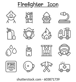 Fireman, Fire Fighter, Fire Station icon set in thin line