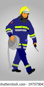 Fireman with fire hose vector illustration isolated on background. Fireman in protect gear and helmet on duty. 