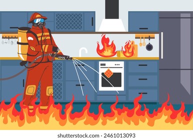 Bombero en la casa de bomberos dentro del concepto interior. Ilustración de Diseño gráfico plano de Vector