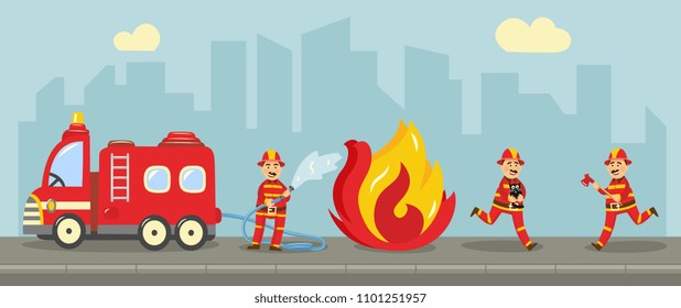 Fireman in fire protection uniform extinguishing fire concept. Male characters running with fire axe, holding water hydrant standing near emergency vehicle. Vector illustration