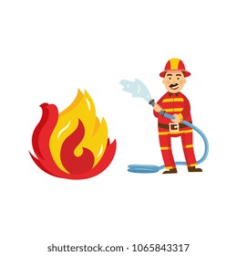 Fireman in fire protection uniform, helmet spray water, extinguising fire holding water hose. Male firefighter character smiling icon. Emergency, rescue service worker. Vector isolated illustration.