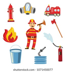 Fireman in fire protection uniform, helmet standing with megaphone loudspeaker alarming danger, firetruck, axe respirator water hydrant hose bucket fire extinguisher equipment set. Vector illustration