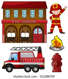 Fireman And Fire Station Illustration