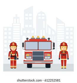 Fireman and fire woman. Flat vector cartoon illustration. Objects isolated on a white background.