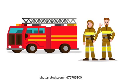 Fireman and fire woman on the background of the service car.  flat Fireman character design. vector illustration