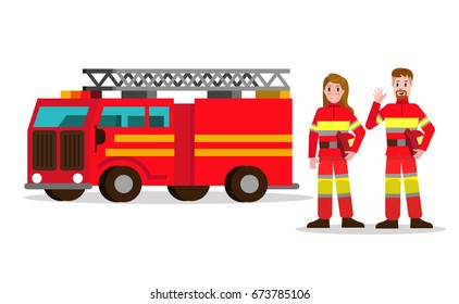 Fireman and fire woman on the background of the service car.  flat Fireman character design. vector illustration