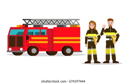 Fireman and fire woman on the background of the service car.  flat Fireman character design. vector illustration