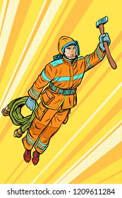 fireman, firefighter flying superhero help. Pop art retro vector illustration vintage kitsch