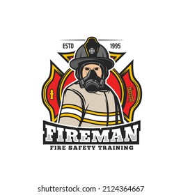 Fireman or firefighter retro icon. Fire department rescue team or brigade vector emblem, badge or icon with maltese cross, firefighter character in helmet and breathing apparatus gasmask or respirator