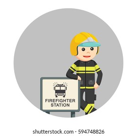 fireman with firefighter station sign in circle background