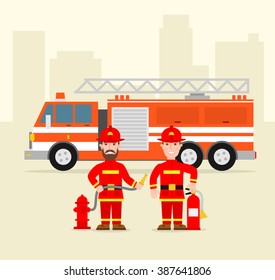 fireman firefighter in uniform with water hose fire extinguisher fire truck . firefighting concept illustration.