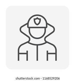 Fireman, firefighter vector icon. Include safety uniform, helmet. Volunteer from fire department have training to work with team to use equipment, gear to fire fighting, rescue in emergency. 64x64 px.