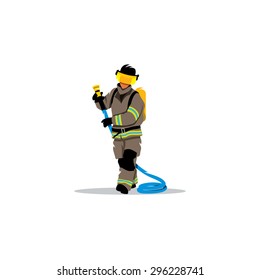 Fireman with a fire-pump sign. Fighter with fire. 03 Department. Brave hero. Vector Illustration. Branding Identity Corporate logo design template Isolated on a white background