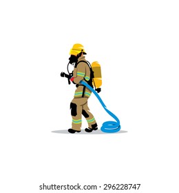 Fireman With A Fire-pump Sign. Fighter With Fire. 03 Department. Brave Hero. Vector Illustration. Branding Identity Corporate Logo Design Template Isolated On A White Background