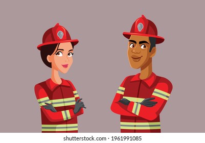 Fireman and Firewoman Standing Together Vector Illustration. Team of firefighters working in emergency department saving lives being everyday heroes
