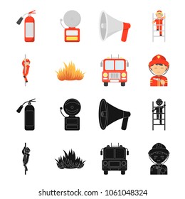 Fireman, flame, fire truck. Fire departmentset set collection icons in black,cartoon style vector symbol stock illustration web.