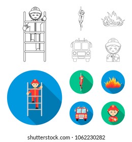 Fireman, flame, fire truck. Fire departmentset set collection icons in outline,flat style vector symbol stock illustration web.