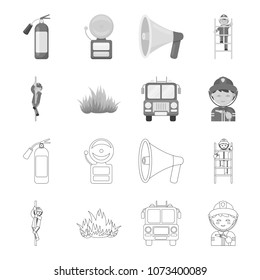 Fireman, flame, fire truck. Fire departmentset set collection icons in outline,monochrome style vector symbol stock illustration web.