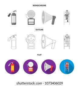 Fireman, flame, fire truck. Fire departmentset set collection icons in flat,outline,monochrome style vector symbol stock illustration web.