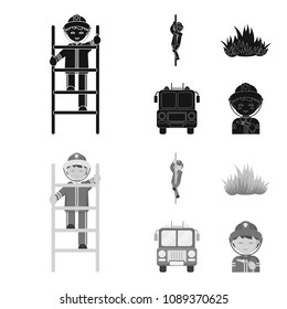 Fireman, flame, fire truck. Fire departmentset set collection icons in black,monochrom style vector symbol stock illustration web.