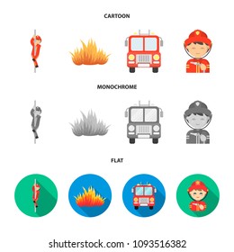Fireman, flame, fire truck. Fire departmentset set collection icons in cartoon,flat,monochrome style vector symbol stock illustration web.