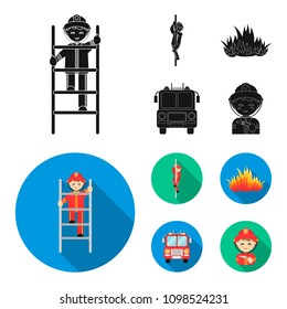 Fireman, flame, fire truck. Fire departmentset set collection icons in black, flat style vector symbol stock illustration web.