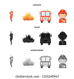 Fireman, flame, fire truck. Fire departmentset set collection icons in cartoon,black,monochrome style vector symbol stock illustration web.