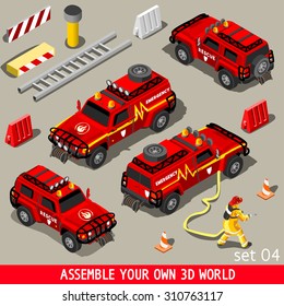 Fireman Flame Red Rescue SUV Vehicle 3D Flat Vector Icon Set First Aid Equipment  Firefighter Stop Arson. Assemble your Own 3D World Vector